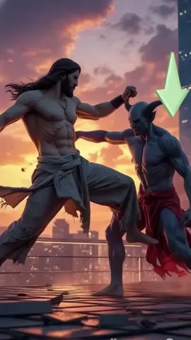 Ultra-realistic cinematic 4K image, vertical 9x16 format — Jesus and Satan are engaged in an intense martial arts duel on the rooftop of a skyscraper at sunset. The sky burns orange and purple, while city lights flicker below. Jesus delivers a spinning heel kick in mid-air, while Satan blocks it with a focused expression. Both are barefoot, with tattered clothing whipping in the wind. Dust, loose tiles, and fabric motion are frozen in stunning detail. The light reflects off their skin and highlights their muscles and divine vs. demonic presence.