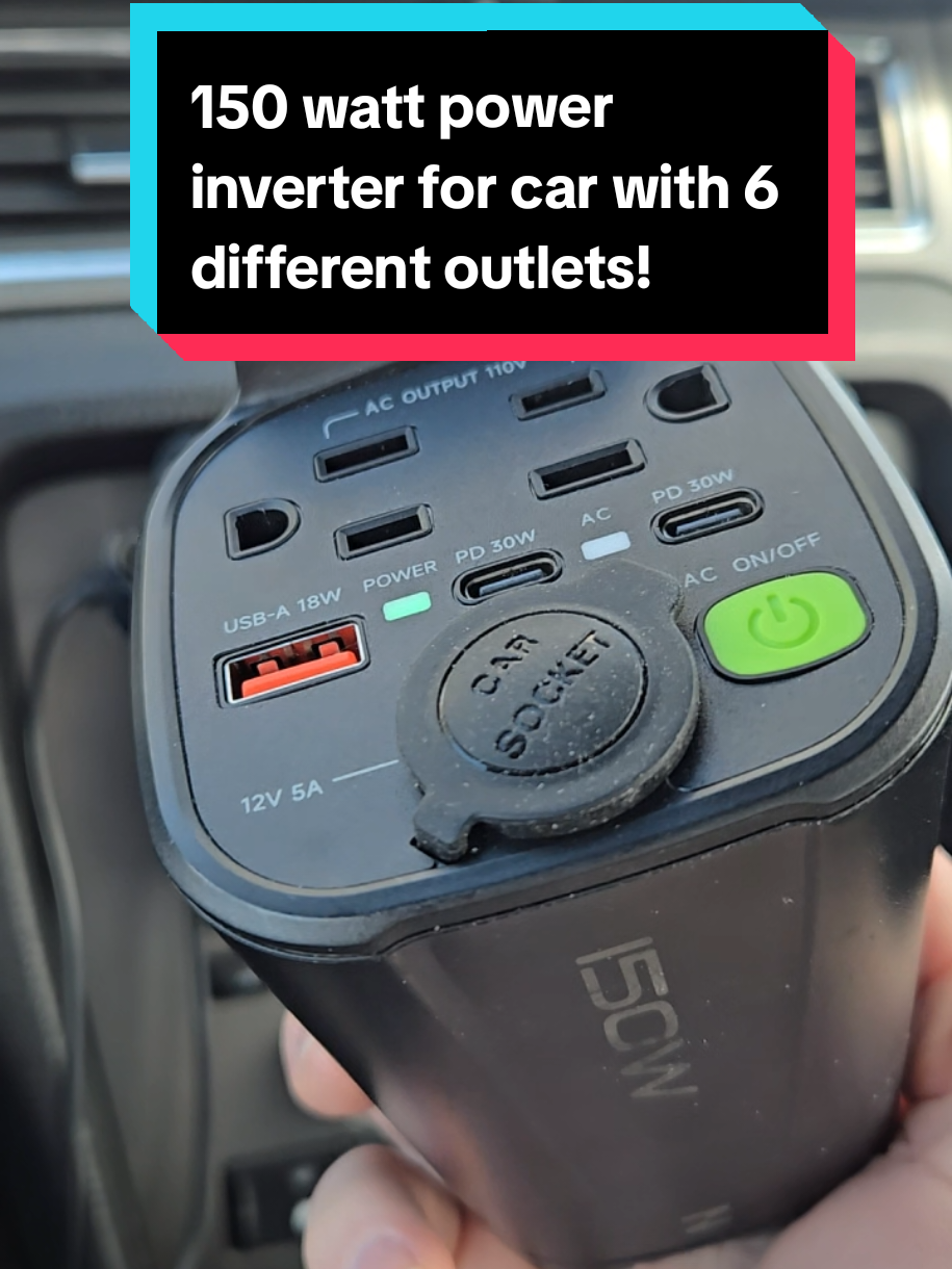 150 Watt Power Inverter for Car with two AC Outlets,  two 30w Type-C  Ports, 18w USB-A and 12v 5 amp outlet! #fyp #carcharger #powerinverter #portablecharger #caraccessories 