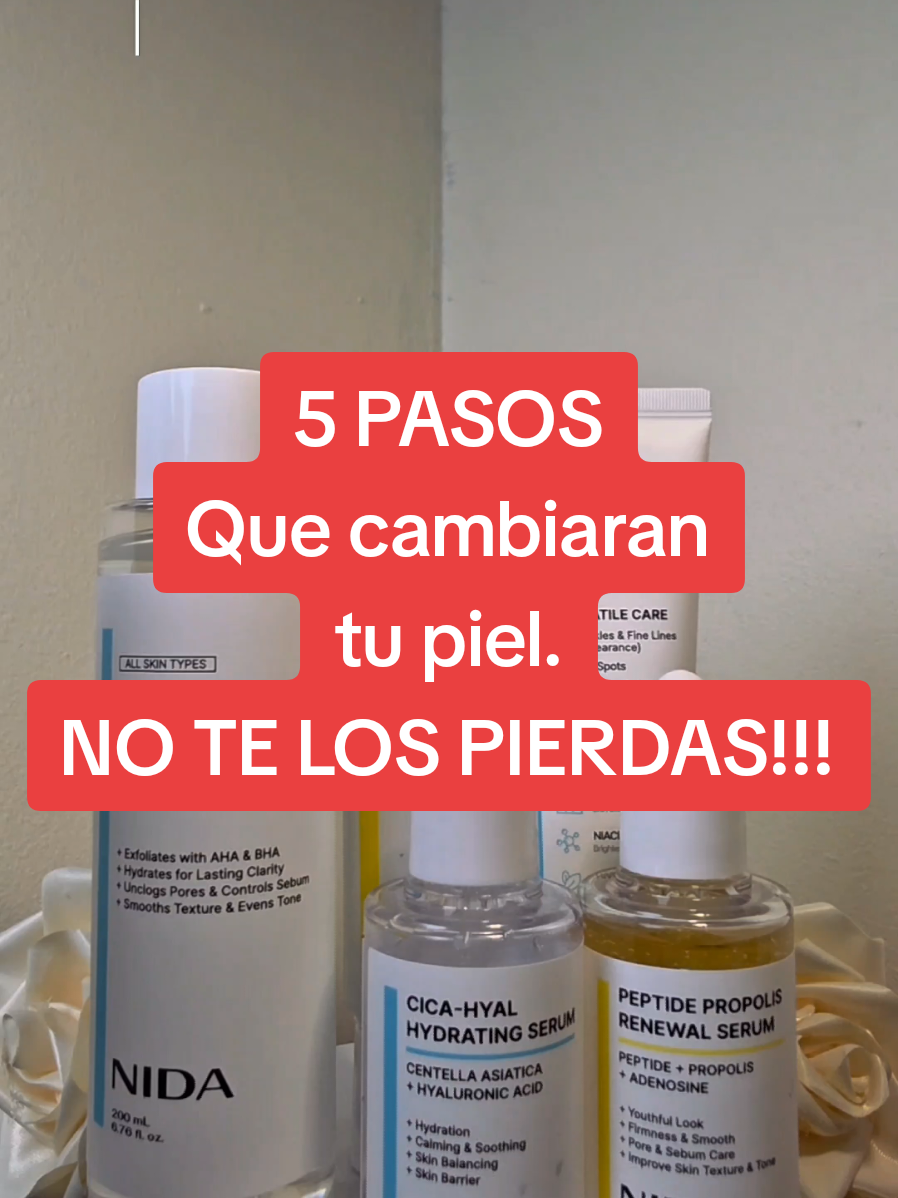 Quieres una piel radiante y saludable? Te muestro mi rutina facial completa con los productos de NIDA que están salvando mi piel. Control de grasa, poros más limpios, hidratación profunda y adiós a las líneas finas… ¡todo en 5 pasos! #RutinaFacial #NIDASkincare #CuidadoDeLaPiel #SkincareDiario #PielBonita #TikTokBeauty #AntesYDespues  #tiktokshopping #koreanskincare #antiaging #belleza #skincareroutine 