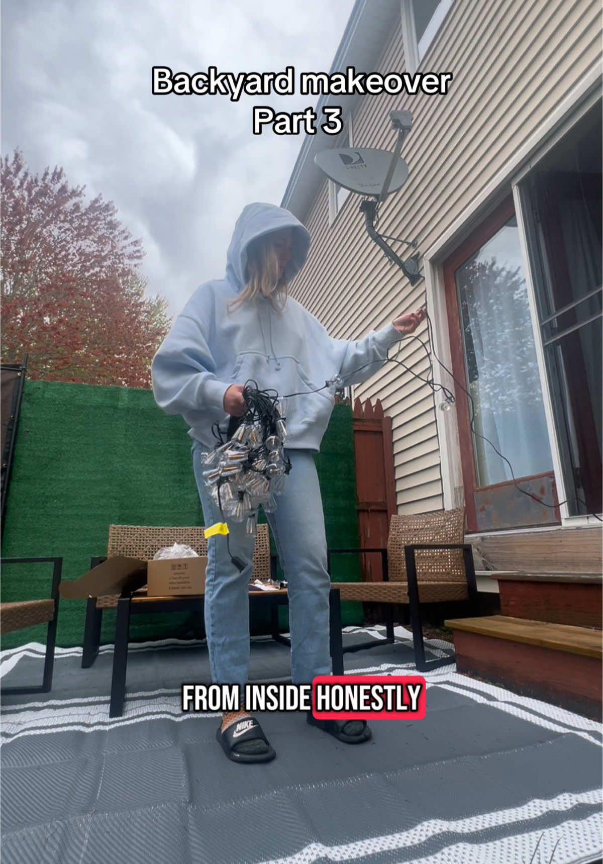 Today we tackle the lights and picking up the grill - can’t figure out where to put the damn picnic table #backyardmakeover #homeimprovement #patiomakeover #patio #backyard #DIY #homeimprovements #backyardvibes #patiodecor #grill #patiovibes @TractorSupply 