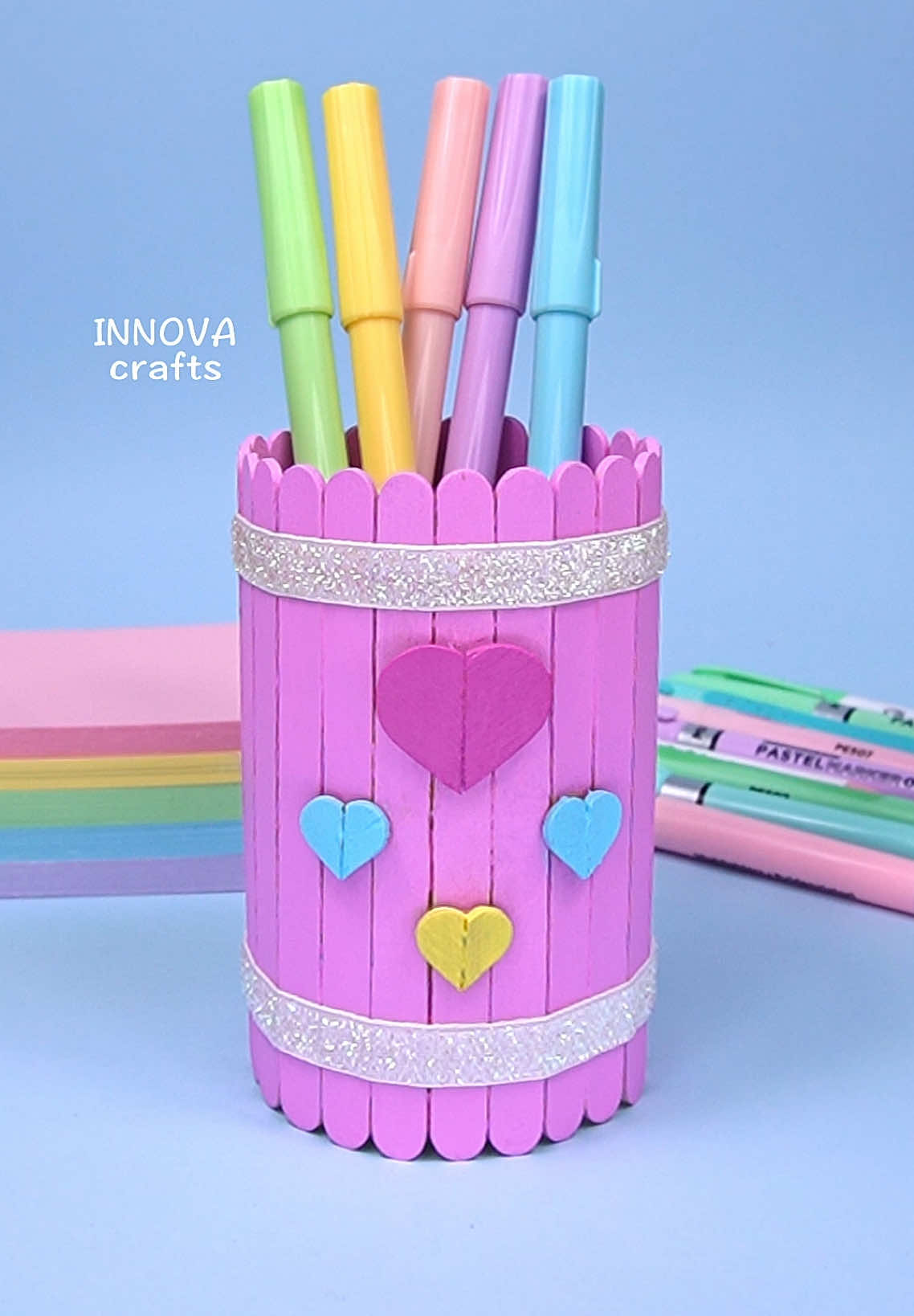 DIY ice cream sticks pen holder 💕 craft ideas #DIY #crafts #papercraftsideas #papercraftideas #papercraft #ideas #papercrafts #diyproject #handmade #tiktok #fyp #art #paper #viral