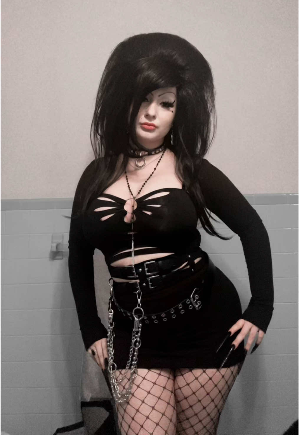 Outfit details: top from Depop, skirt from Goodwill, fishnets from a local adult store, collar from a local adult store, chain belt from Depop, other belt from Goowill, bolero from @Foxblood Shop , rosary from a local antique store and earrings from @oddballvintagenj 🖤 #goth #gothgirl #gothtok #gothsubculture #gothootd #OOTD #gothgirls #tradgoth #thriftedfashion 