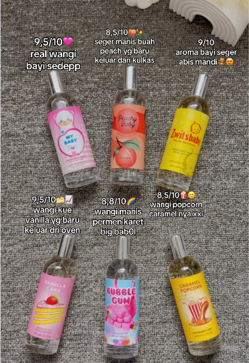 lebih suka wangi baby/makanan/buah nih besst? 🥰 #parfumtahanlama #parfumanak #parfume #bodymistviral #fyp #foryou 
