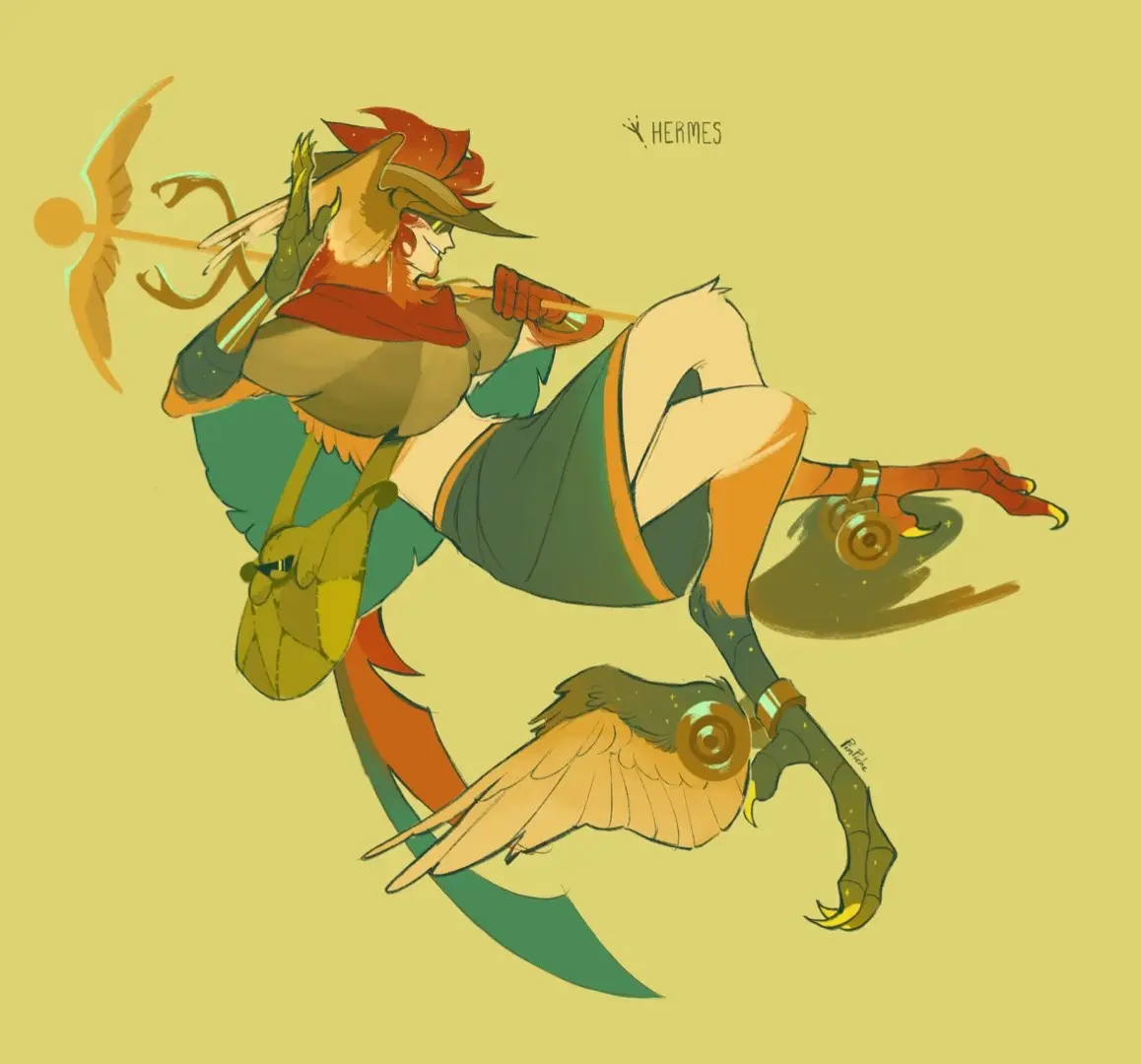 My Hermes design I tried to use colors that represent him, making them more vibrant to match his personality. But it ended up making him look more like a chicken than I expected so please don’t mind if he seems a bit odd to you. He can transform his shoes into roller skates. I just imagined him skating across the water's surface beside the Ody ship in the song Dangerous and it looked so cool in my head. He uses his tail feathers to write letters, and don’t worry they grow right back in place afterward. His hair is split into two colors: when he flips it up, the red orange side makes him look like a chicken when it's down, he kinda looks like a turtle. #hermes #art #fanart #epicthemusical 