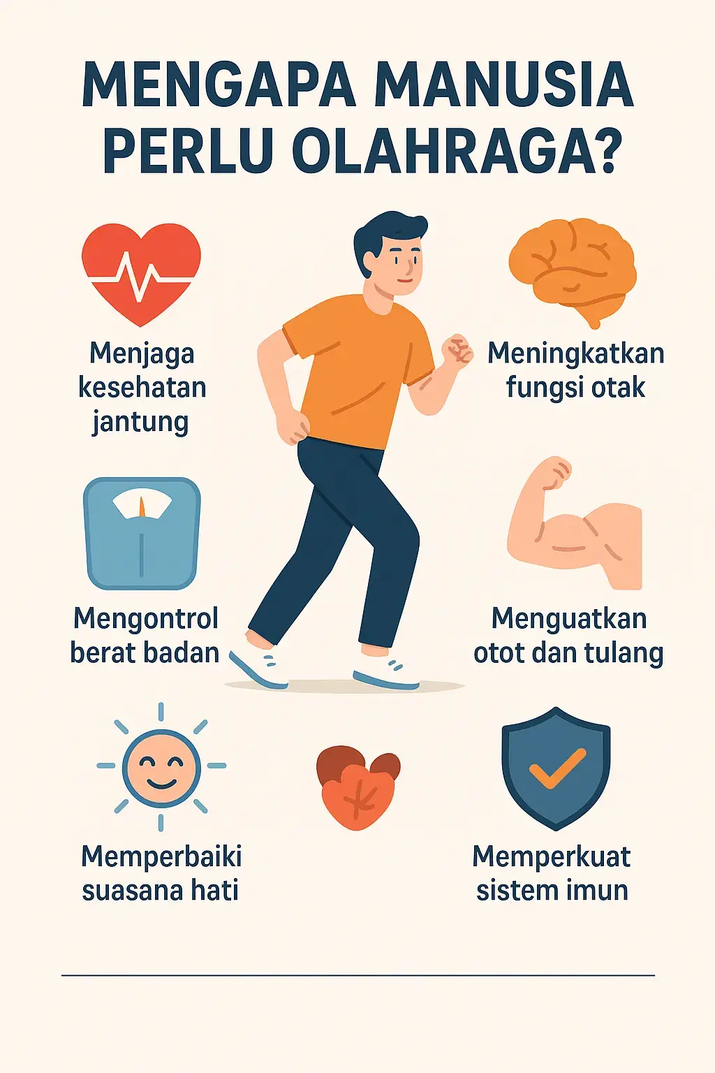 Kenapa sih kita harus olahraga? Bukan cuma biar kurus, tapi karena olahraga adalah kunci hidup sehat jangka panjang! 1️⃣ Menjaga Kesehatan Jantung Gerakan fisik membuat jantung memompa darah lebih efisien, mencegah tekanan darah tinggi dan penyakit jantung. 2️⃣ Meningkatkan Fungsi Otak Olahraga memperlancar aliran darah ke otak, bantu konsentrasi, daya ingat, dan mencegah pikun. 3️⃣ Mengontrol Berat Badan Dengan membakar kalori, olahraga mencegah obesitas dan menjaga bentuk tubuh ideal. 4️⃣ Menguatkan Otot dan Tulang Aktivitas fisik rutin seperti jalan cepat atau angkat beban bantu menjaga kepadatan tulang dan kekuatan otot. 5️⃣ Memperbaiki Suasana Hati Saat olahraga, tubuh melepaskan hormon endorfin yang bikin kita merasa lebih bahagia dan rileks. 6️⃣ Memperkuat Sistem Imun Olahraga teratur bisa bantu tubuh lebih kuat melawan infeksi dan penyakit. Jadi, mau tunggu sakit dulu baru olahraga? Yuk mulai dari sekarang, cukup 20-30 menit sehari aja! Jaga tubuh, jaga hidup. Olahraga itu kebutuhan, bukan pilihan! #manfaatolahraga #sehatitupenting #gayahidupsehat #tipskesehatan #olahragasetiaphari #kesehatantubuh #infosehat #cegahpenyakit #olahraga #fyp #fypindonesia #foryoupage #videoviral #kontenedukasi #tiktoksehat #tiktokedukasi #fypage #fypシ゚ 