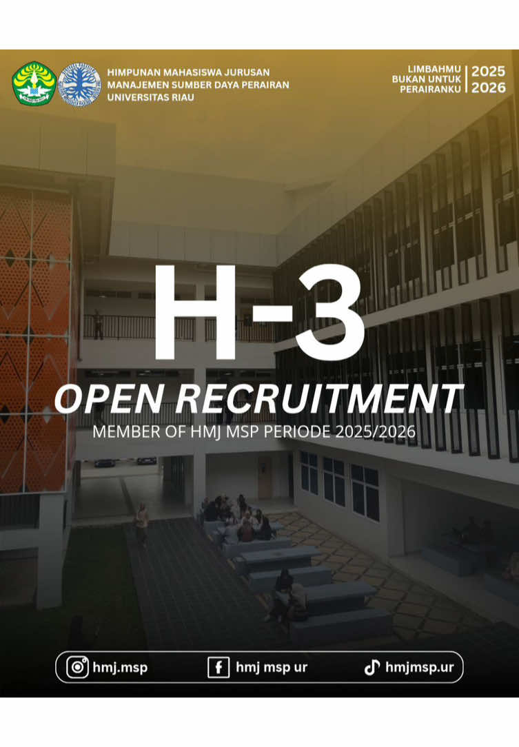 ⟨⟨MSP INFO | OPEN RECRUITMENT HMJ MSP PERIODE 2025/2026⟩⟩ Assalamu'alaikum warahmatullahi wabarakatuh, Salam sejahtera bagi kita semuanya, Shalom, Om swastiastu, Namo buddhaya, Salam kebajikan. MSP JAYA! 𝘏𝘢𝘭𝘰, 𝘚𝘰𝘣𝘢𝘵 𝘱𝘦𝘳𝘢𝘪𝘳𝘢𝘯👋🏻 Sebuah perjalanan besar dimulai dari satu langkah kecil. Open recruitment pengurus HMJ MSP periode 2025/2026 akan segera dibuka! Saatnya tunjukkan potensimu dan jadi bagian dari perubahan. Stay tuned yaa!👋🏻😎 Wassalamu'alaikum warahmatullahi wabarakatuh =======⊹ ࣪ ﹏𓊝﹏𓂁﹏⊹ ࣪ ˖======= Instagram : @hmj.msp Facebook : hmj msp ur Tiktok : hmjmsp.ur =======⊹ ࣪ ﹏𓊝﹏𓂁﹏⊹ ࣪ ˖======= Bupati : Arthnold Vernando Wakil Bupati : Martin Lumban Tobing #hmjmsp #fpkunri #manajemensumberdayaperairan #universitasriau #unri #fyp #fyppppppppppppppppppppppp 