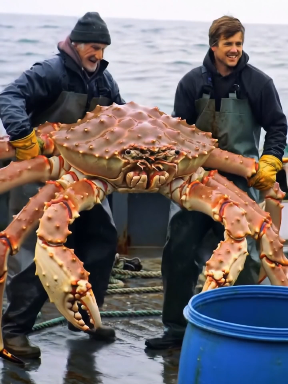 Adegan dramatis di atas kapal nelayan di laut, dua nelayan berjuang mengangkat seekor kepiting alaska raksasa yang sangat realistis ke atas geladak. Kepiting itu memiliki kulit bercorak detail dan tentakel besar dengan cangkang yang mencolok. Geladak kapal tampak basah dan lusuh,  Ombak laut perlahan menggoyang kapal, sementara kedua nelayan terlihat berkoordinasi dan bersusah payah menahan beban kepiting.  #kepitingalaska 