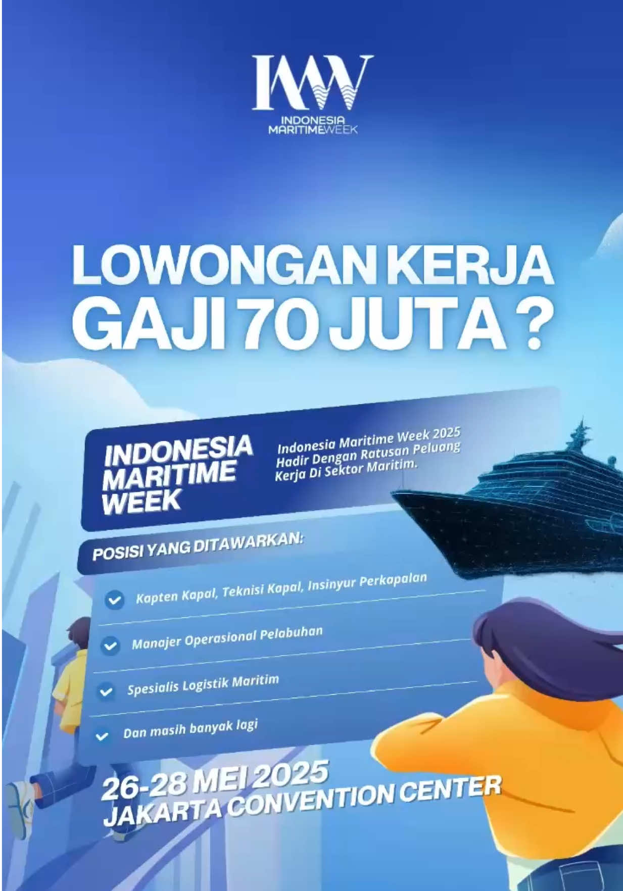 Kali pertama digelar Indonesia Maritime Week yang mempertemukan lebih dari 40 perusahaan terkemuka di bidang pelayaran, operasional pelabuhan, logistik, dan industri maritim lainnya menawarkan lowongan pekerjaan dengan gaji hingga Rp70 juta per bulan. Sebagai negara kepulauan dengan tradisi maritim, tak banyak yang menyadari industri maritim Indonesia menawarkan prospek karir sangat menjanjikan dengan kisaran gaji mulai dari Rp10 juta per bulan hingga Rp70 juta per bulan. “Tingginya permintaan tenaga kerja maritim berkualitas menjadi indikator pertumbuhan signifikan sektor maritim nasional yang kini semakin strategis dalam mendukung visi Indonesia sebagai poros maritim dunia,” tutur Dr Budi Nugraha, pengamat industri maritim, di Jakarta, Minggu (25/5/205). Dia menilai Indonesia Maritime Week adalah upaya nyata Persatuan Pengusaha Pelayaran Niaga Nasional Indonesia (INSA) mendukung Asta Cita Pemerintahan Presiden Prabowo Subianto untuk mewujudkan visi besar Indonesia sebagai poros maritim dunia. Indonesia Maritime Week yang digelar pada 26-28 Mei 2025 di Jakarta Convention Center menyelenggarakan Maritime Job Fair yang diikuti lebih dari 40 perusahaan terkemuka di bidang pelayaran, operasional pelabuhan, logistik, dan industri maritim lainnya akan membuka total lebih dari ratusan lowongan pekerjaan untuk berbagai posisi. . — Selengkapnya: https://finance.detik.com/lainnya/d-7931763/serbu-job-fair-industri-maritim-ada-lowongan-kerja-gaji-puluhan-juta.