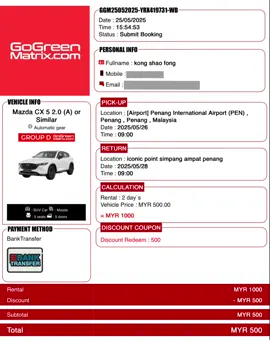 Terima kasih tempah dengan GoGreenMatrix.  Nak Sewa Kereta/Motor Seluruh Malaysia?  Tempah sini ==> gogreenmatrix.com  Nak jadi usahawan kereta/motor sewa GoGreenMatrix?   Whatsapp sini ==> https://wa.me/message/ROS4KOVUIZXWI1 Nak pajak kereta/motor? Whatsapp sini ==> https://bit.ly/3UHmCWu  Ini review dan testimonial pelanggan kami.  Google ==> https://g.co/kgs/UfBZgUTrustpilot ==> http://bit.ly/greenmatrixreviewVideo ==> https://youtube.com/channel/UCdyjgH5pUEEkS6Z1iGrwBNQ #GoGreenMatrix #YourCarRentalPlatform #MotorbikeRentalPlatform #GMHub #CarRental #MotorbikeRental #SewaKereta #SewaMotor #usana #volten #drivvay 