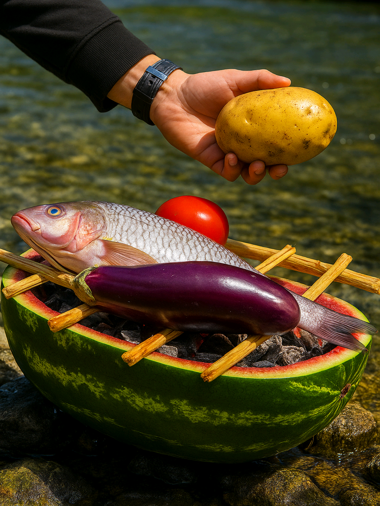 fresh fish cooked in watermelon 🤤❤️ #ourdoor #outdoorcooking #viralvideo #foryou #village #nature 