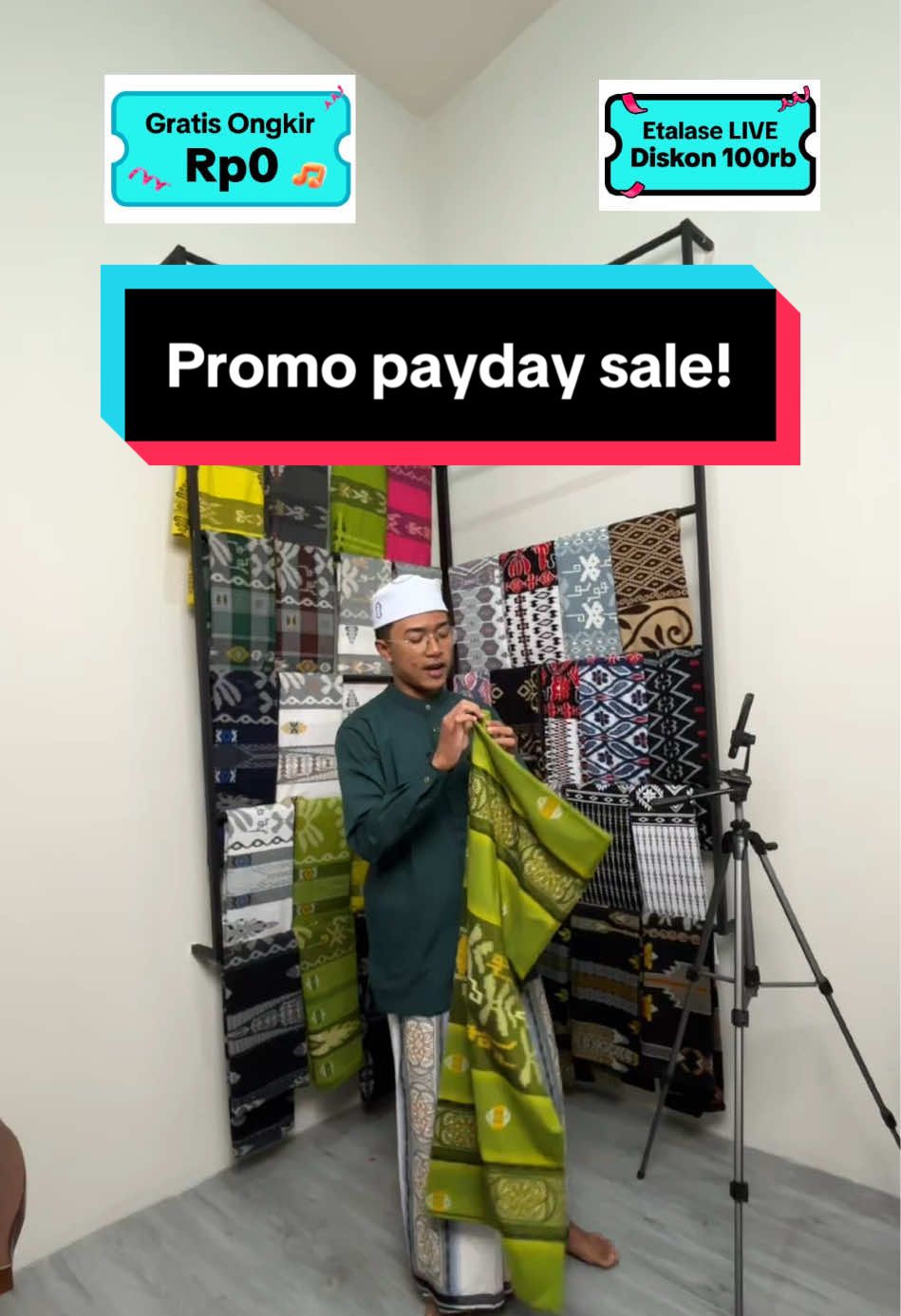 Promo payday sale! Sarung rindang premium songket kode PRM-C1 warna hijau hanya berlaku di live! 🔥 Buruan join live sekarang! 😉 #babagaf #babagrosir #sarungrindang #sarung #wibgajian #promoguncang66 