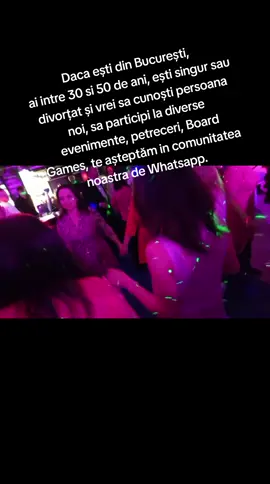 Daca ești din București, ai intre 30 si 50 de ani, ești singur sau divorțat și vrei sa cunoști persoana noi, sa participi la diverse evenimente, petreceri, Board Games, te așteptăm in comunitatea noastra de Whatsapp. #single #singleromania #grupwhatsapp #socializare #intalniri #prieteniinoi #evenimente #iesiri #distractie #comunitate #petreceri #teatru #film #standupcomedy #standupro #boardgames #vacante #calatorii #cautprieteni #viatasingle #nuaisingur #haiingrup #conexiuni #aventura 