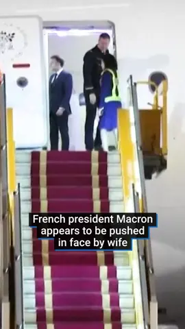 French President Emmanuel Macron has landed in Vietnam for the start of his Southeast Asia tour – but a ‘squabble’ on the plane has taken attention away from his diplomatic mission. Shortly after the aeroplane doors were opened, Macron appeared to speak to his wife, who was standing near the cockpit entrance. Suddenly, his wife Brigitte’s hand reached out and appeared to smack the French president’s mouth. The moment has since gone viral, but those who work closely with the couple clarified: ‘It was a moment for the President and his wife to unwind one last time before the start of the trip by having a little fun. #fyp #news #worldnews #france #macron