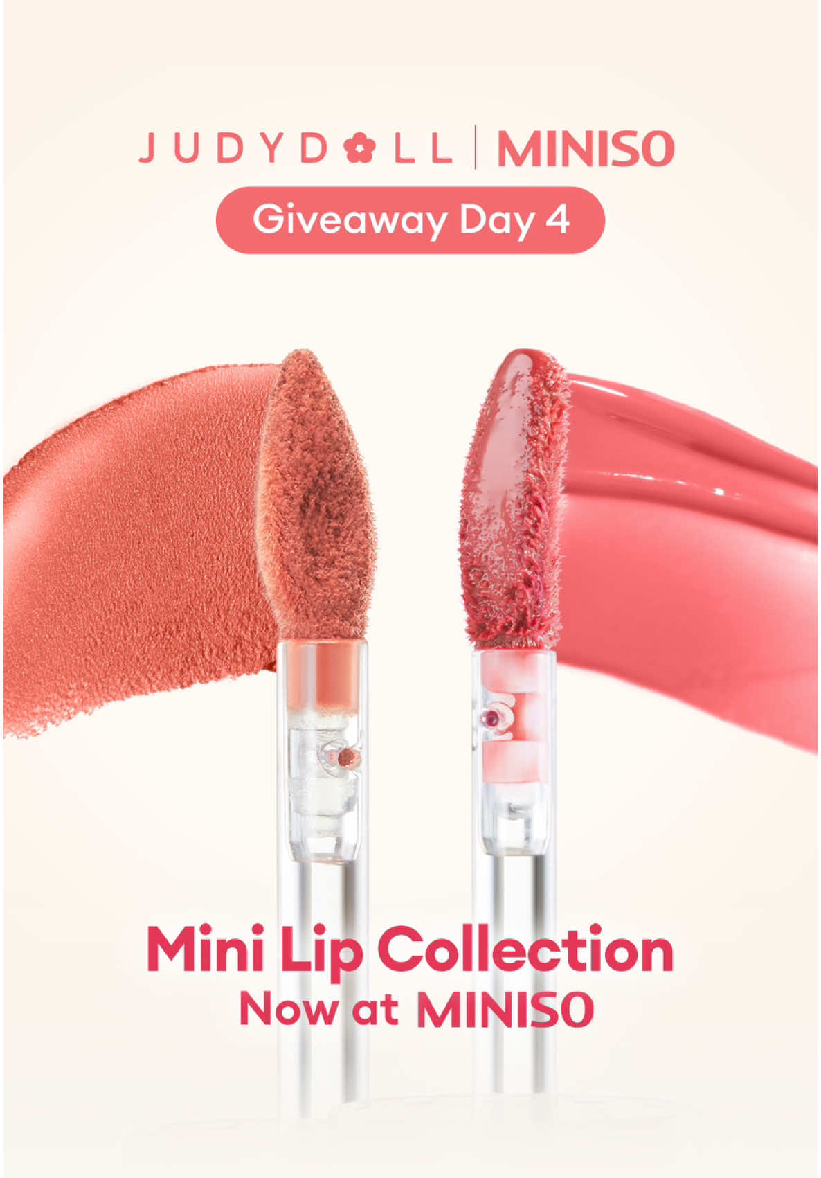 Mini Lip Collection is now launch at Miniso! 💗 You can now see, swatch, and shop our Mini Lip Collection exclusively at Miniso Store — launching at Miniso on May 30th! ✨   Karena Judydoll udah ada di Miniso, Judie mau bagi bagi Blind Box gratis! 🫶🏻 How to Join our Judydoll x @minisoindo Giveaway Day 4: 1. Follow @JudydollIndonesia and @minisoindo  2. Tebak nama shades Glossy Lip Tint dan Matte Lip Cream di video dan tag 3 sahabat kamu di komentar 😍  3. Like and repost this video! ✨ Jangan sampai kelewatan ya... ikutan sekarang!🫶🏻 #wonyoungism #tutorial #makeup #judydollindonesia #giveawayindonesia #giveaway #miniso #douyin 