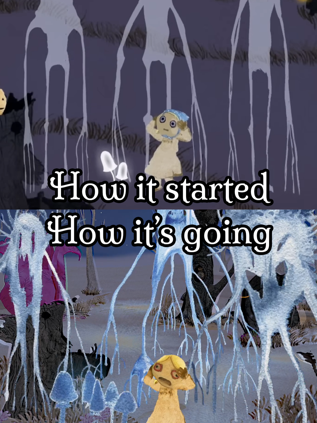 🍄 Gretel vs. the Mushroom: Then & Now 🍄 Some things never change. Like Gretel eating things she really shouldn’t. From browser chaos in 2010 to full-blown watercolor nightmares on Steam in 2025. #Gretel #HowItStarted #HowItsGoing #GretelAndHansel #DeathHighlight #IndieGameDev #DarkFairytale #WatercolorHorror #ThenAndNow #Hallucination #MushroomDeath #GlowUp #Newgrounds #Nostalgia #StylizedHorror #GretelAndHanselGame