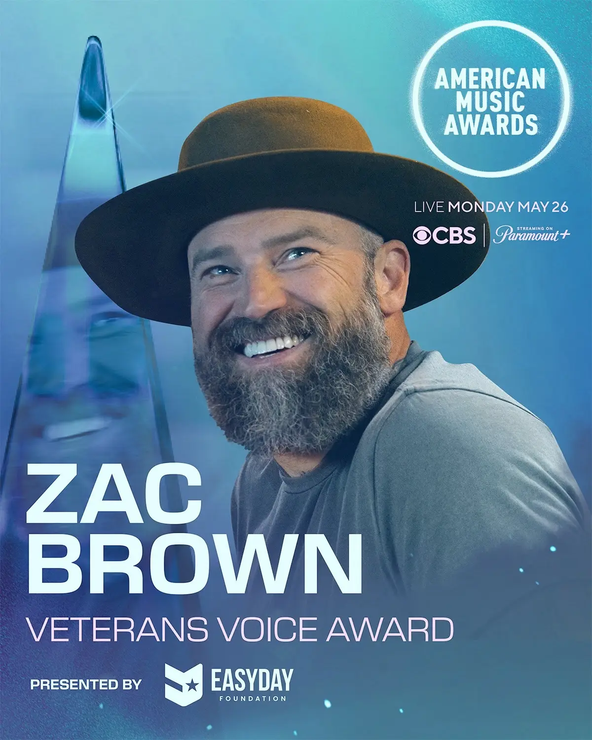 Congratulations Camp Southern Ground and Zac Brown Band on this incredible award and honor. We are beyond thankful the work you do for our Veterans and their children.  This Memorial Day, Zac Brown continues the tradition of honoring those who serve. Tune in to the American Music Awards to witness a powerful tribute to our Veterans and watch as our founder receives the inaugural Veterans Voice Award, recognizing his unwavering commitment to military service members and their families. We’re incredibly honored that Camp Southern Ground will benefit from all donations made during the AMAs broadcast, thanks to the generosity of Easy Day Foundation. 100% of donations will go directly to premier nonprofits like ours, helping us continue to serve those who’ve served us. Don’t miss this special moment! Tonight at 8PM ET on CBS 🦚 #VeteransVoice #amas #zacbrown #campsouthernground 