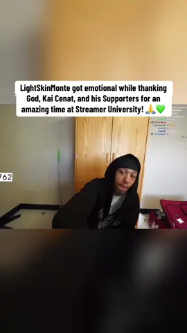 LightSkinMonte got emotional while thanking God, Kai Cenat, and his Supporters for an amazing time at Streamer University! 🙏💚 #streameruniversity #lightskinmonte #kaicenat 
