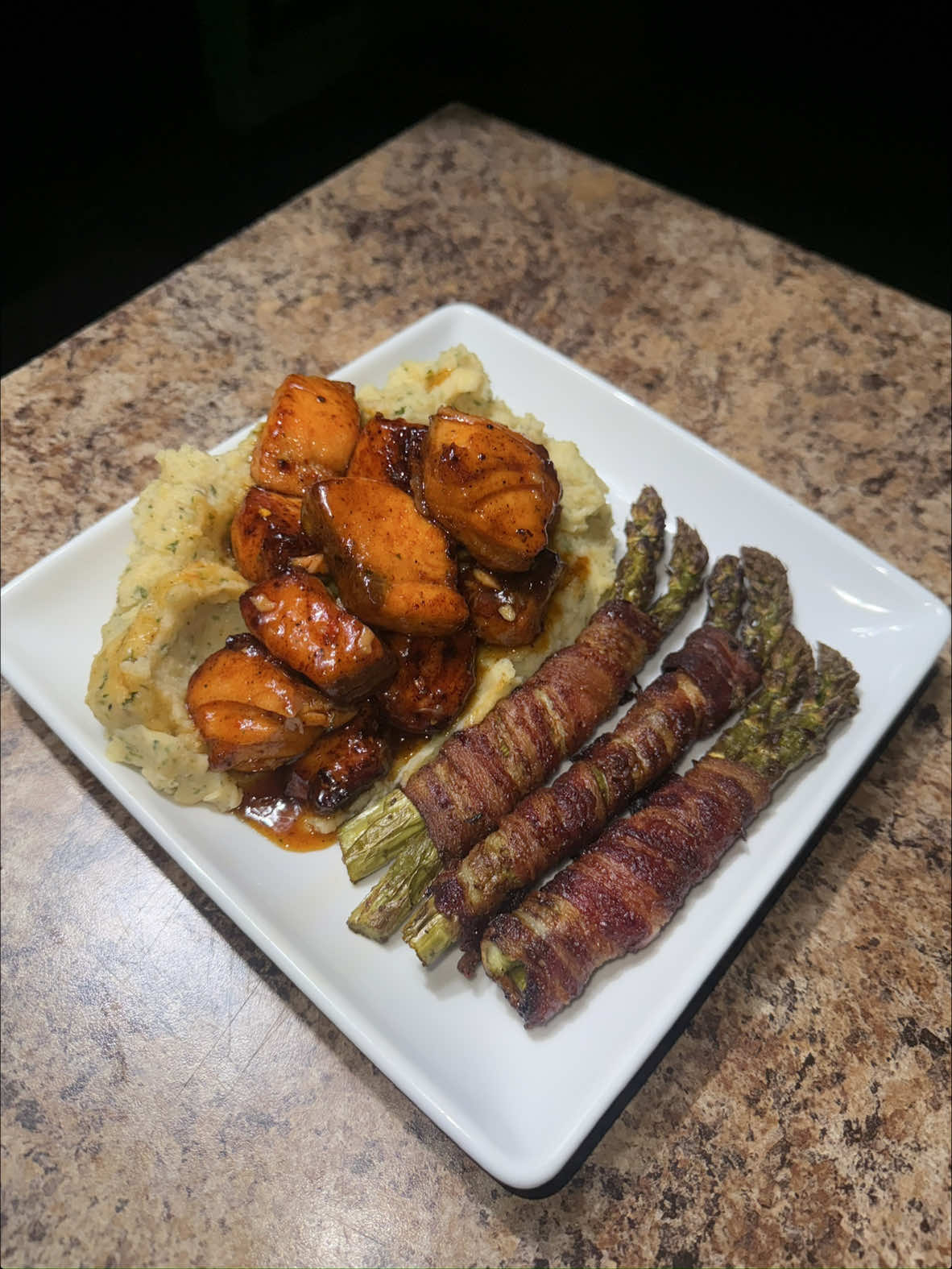 Honey Polynesian Salmon Bites, Mashed Potatoes & Bacon Wrapped Asparagus #viral #fyp #foryoupage #memphis 
