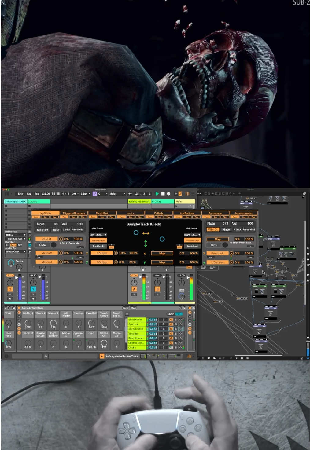 How it works: Indeed, I have no idea how to play this game, but it’s a button masher so it works well for this glitch fx rack. I am sending the PS5 into my Mac via an elgato capture card. From there the audio is fed into ableton for all the audio fx. There is also a kick, snare and hat tied to a few buttons. All of the audio FX are controlled by the M4L gamepad device. For the visual side I am using a vizzie grabber in max to send the capture card through some different vizzie effects. Some responding to the controller, some to the audio! Fun stuff #ableton #mortalkombat #experimentalart #noisemusic #glitchart 