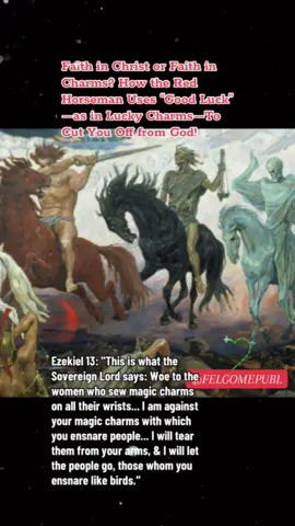 Faith in Christ or Faith in Charms? How the Red Horseman Uses “Good Luck—as in Lucky Charms—To Cut You Off from God! @FelgomePubl: Good luck charms pose a fatal threat to your spiritual faith in God and His Son, Jesus Christ. They are not harmless objects—they are subtle spiritual traps that can ignite a personal war with the Horsemen of the Apocalypse. Specifically, they open the door to the Red Horseman, who represents “The Cause” in the progressive destruction of faith. Revelation 6:4 says, “Then another horse came out, a fiery red one. Its rider was given power to take peace from the earth and to make people kill each other. To him was given a large sword.” The Red Horseman’s sword is not only a weapon of war—it is a symbol of spiritual severing. He seeks to divide the soul from its source of life: faith in God. When someone gives or receives an object like a rabbit’s foot, four-leaf clover, lucky coin, horseshoe or  by tagging any object as something that holds supernatural power or influence—and says, “This will bring you good luck”—they are unknowingly doing spiritual harm. By claiming the object holds some kind of unseen power or influence, they are attributing spiritual authority to something created by man. This is a form of idolatry, no matter how innocent it appears. Isaiah 44:10 confronts this directly: “Who shapes a god and casts an idol, which can profit nothing?” And Jeremiah 10:5 exposes the truth: “They can do no harm nor can they do any good.” Yet people continue to hand over their faith to things that cannot save. This act triggers the mission of the Red Horseman: to sow doubt, the root cause of spiritual collapse. The moment you shift your trust—even slightly—from the true and living God to a man-made object, you step onto the battlefield. The Red Horseman rides into your life not with noise, but with whispers: “Maybe this will protect you. Maybe this will bless you.” But his aim is to sever your connection to Christ. Doubt is the first cut. And once doubt takes root, the other Horsemen follow: the Black Horse of despair and decay, and the Pale Horse of spiritual death. As believers, we are warned not to take part in such deception. Ephesians 6:12 reminds us that “our struggle is not against flesh and blood, but against... the spiritual forces of evil.” When someone says a charm will bring “luck,” they’re not just spreading superstition—they’re leading others into a subtle rebellion against God, transferring faith from the Creator to the created. Even small acts like this can have eternal consequences. As Proverbs 3:5 instructs, “Trust in the Lord with all your heart and lean not on your own understanding.” And Hebrews 11:1 tells us that *“faith is the assurance of things hoped for, the conviction of things not seen”—*not held, worn, or carried in our pocket. Satan knows how to dress darkness in light. “For Satan himself masquerades as an angel of light” (2 Corinthians 11:14). What seems like a kind gesture or a hopeful gift may be the opening move in a war for your soul. Don’t hand the Red Horseman the sword. Guard your faith. Resist superstition. Trust only in the power of the Lord, who alone saves, protects, and blesses. See  Wisdom 15, Acts 17, Deuteronomy 7:25-26, Isaiah 2:8, Ezekiel 13. #FaithInJesus #SpiritualWarfare #BookOfRevelation #LuckyCharms #EndTimes #BiblicalTruth #Christian #ArmorOfGod #fyp #catholicsoftiktok 