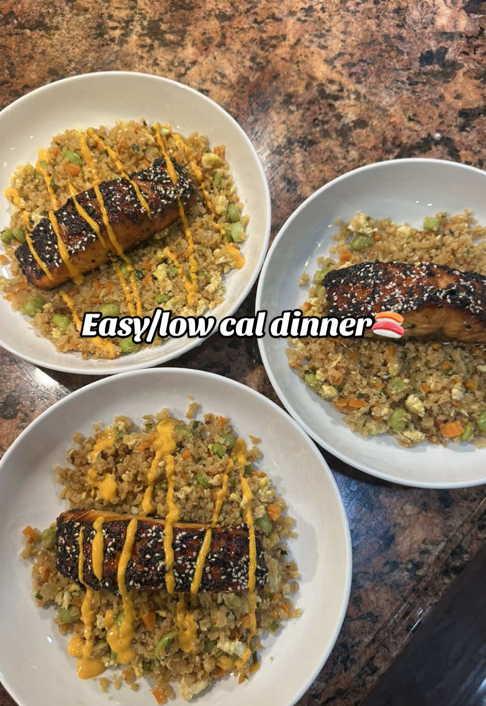 Cauliflower fried rice with teriyaki salmon🍣! So yummy and easy to make. My family loved it!  #lowcalorie #dinner #DinnerIdeas #healthyrecipes 