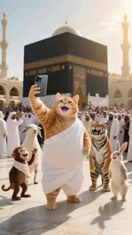Today Orange Cat is doing Hajj #fyp #orangecatbehavior #Hajj2025 #makahmadina🕋 #mecca #foryou #AI #viralvideotiktok #PetsOfTikTok #fypage