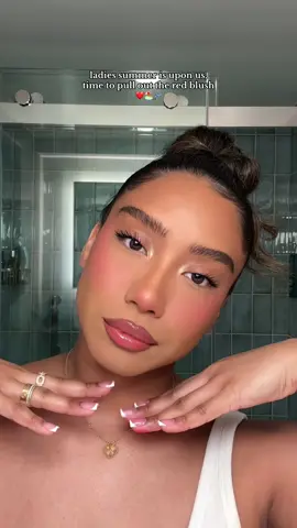 This blush combo🥵☀️ @Haus Labs by Lady Gaga Color Fuse Longwear Glassy Blush Stick: Glassy Watermelon, Color Fuse Blush Powder: Watermelon Bliss, Bio-Radiant Gel Powder Highlighter: Fire Opal #blushtutorial #creamblush #redblush #blushhack 