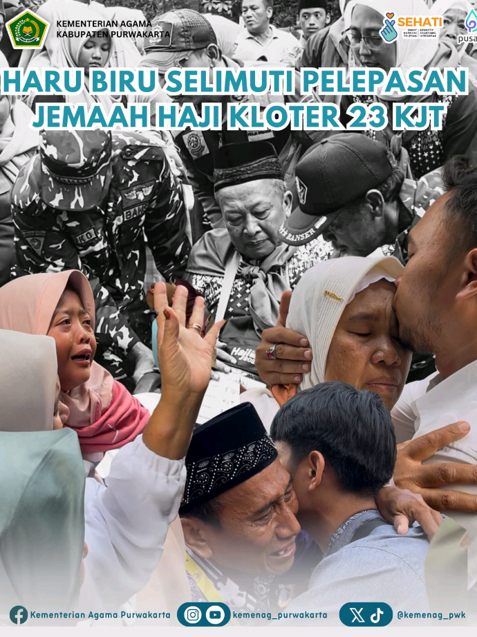 Assalamu'alaikum Sobat Kemenag! Kementerian Agama Kabupaten Purwakarta melepas jamaah kloter 23 KJT di tajugede Purwakarta pada Minggu (20/05/2025). Suasana Haru biru sangat terasa dalam pelepasan kali ini. Semua yang hadir turut serta mendoakan kemudahan dan kelancaran para jemaah dalam melaksanakan ibadah haji.  Tangis haru dan sedih pun turut menyelimuti pelepasan para jemaah. Sama halnya dengan Azizah yang berusia 21 tahun yang masih tak percaya ia bisa berangkat di usia belia. ibundanya juga sangat bangga dan turut mendoakan kelancaran pelaksanaan ibadah Haji untuk buah hatinya. ia juga berharap agar buah hatinya mendapatkan #hajimabrur  dalam pelaksanaannya.  Turut hadir Wakil Bupati Purwakarta didampingi Kepala Kantor Kemenag Purwakarta dalam pelepasan jamaah haji ini. #kemenagpurwakarta #kloter23 #kjt #mabrursepanjangumur #hajiramahlansia #sukseshaji2025 