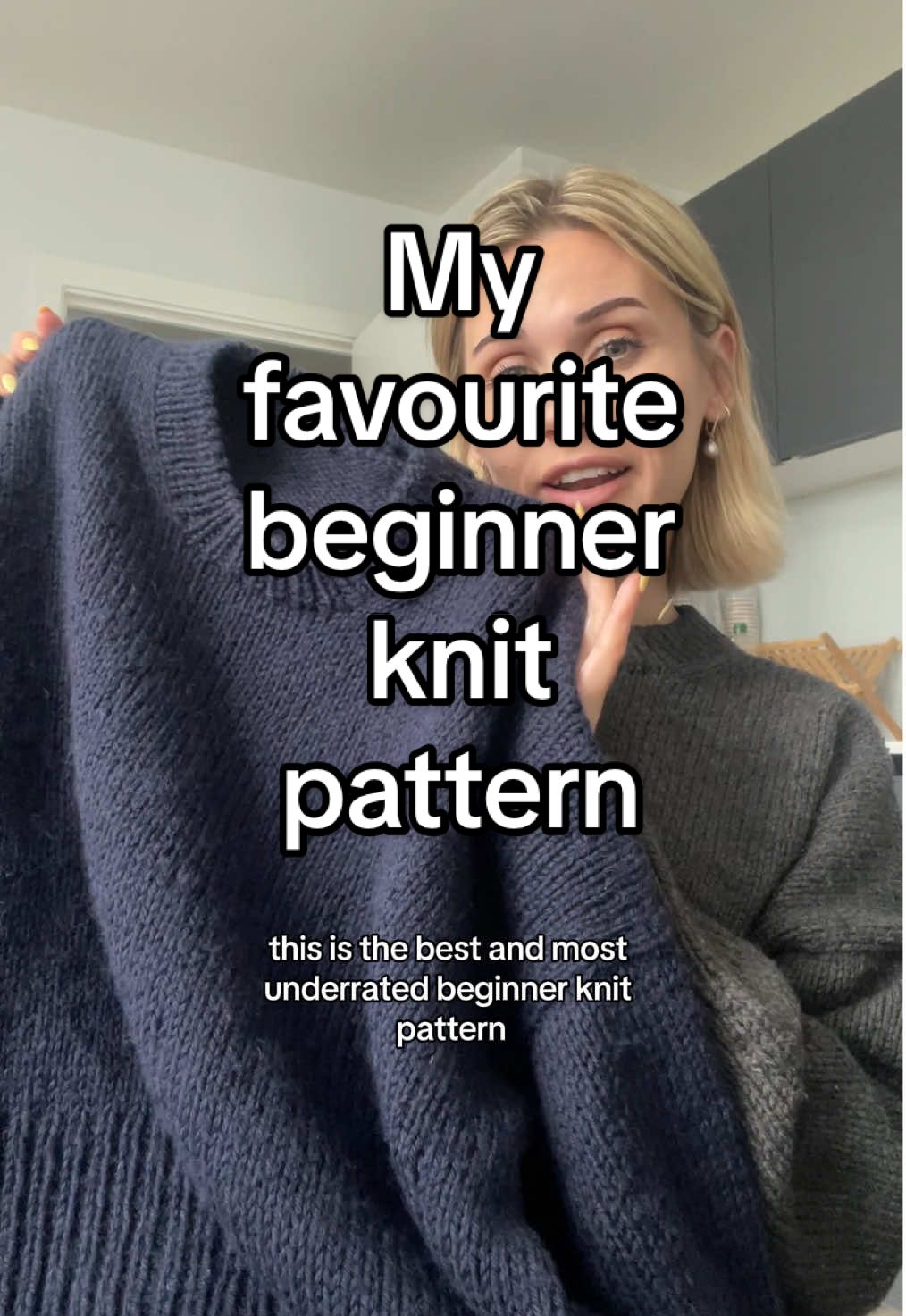 My favourite beginner knit pattern! No surprise it’s Petiteknit, I love discovering and trying patterns from smaller designers now, but her patterns really helped me learn the basics and produce beautiful, wearable jumpers when I was just starting out.  EDIT: I forgot to say that I adjusted the neckline from the pattern! I only did 8 rows of ribbing and then the Italian bind off.  #beginnerknitting #knittingforbeginners #petiteknit #weekendsweater #knitjumper #knittok #knitting #knittersoftiktok #beginnerknitter #knit #knitwear 