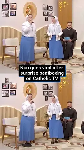 What a tune… This nun goes viral after showing off some surprise beatboxing skills on Catholic TV! The moment was captured on the Portuguese TV channel Pai Eterno, as two nuns and a priest appeared on the programme to talk about their work. #Fyp #funnytok #nun #beatboxing
