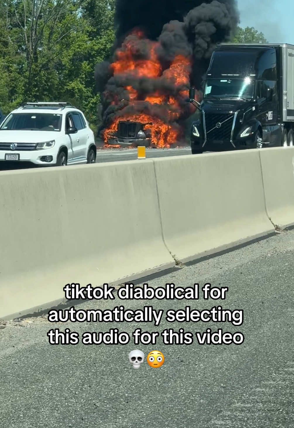 The ⏰ app and its sense of dark humor is funny but also terrifying. Driving by I could feel the heat from it even with my windows up. In all seriousness I hope all involved in this are ok and no one was hurt 🙏 #carfire #massachusetts #route95 #darkhumor #95south #fire 