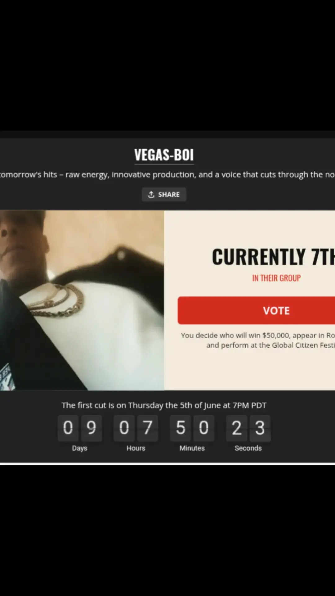 thank you for all my people that voted for me I'm in 7th place six more places to go and I'll be at number one I'm doing this all for you guys I appreciate it make sure you share this with your family your friends your friend friends I appreciate all the votes and all the love I'm doing it let's go#TopTalent #VOTEForV3GASBOI #GlobalCitizen 