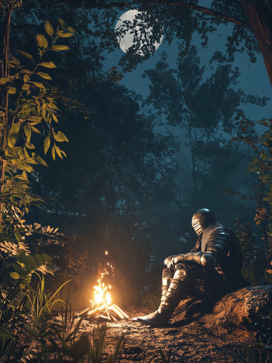 The knight rests under moonlight, guarded only by fire and silence. 🌙🔥🌿 #medieval #medievalfantasy #darkfantasyart #knight #aivideo #aigenerated #midjourney 
