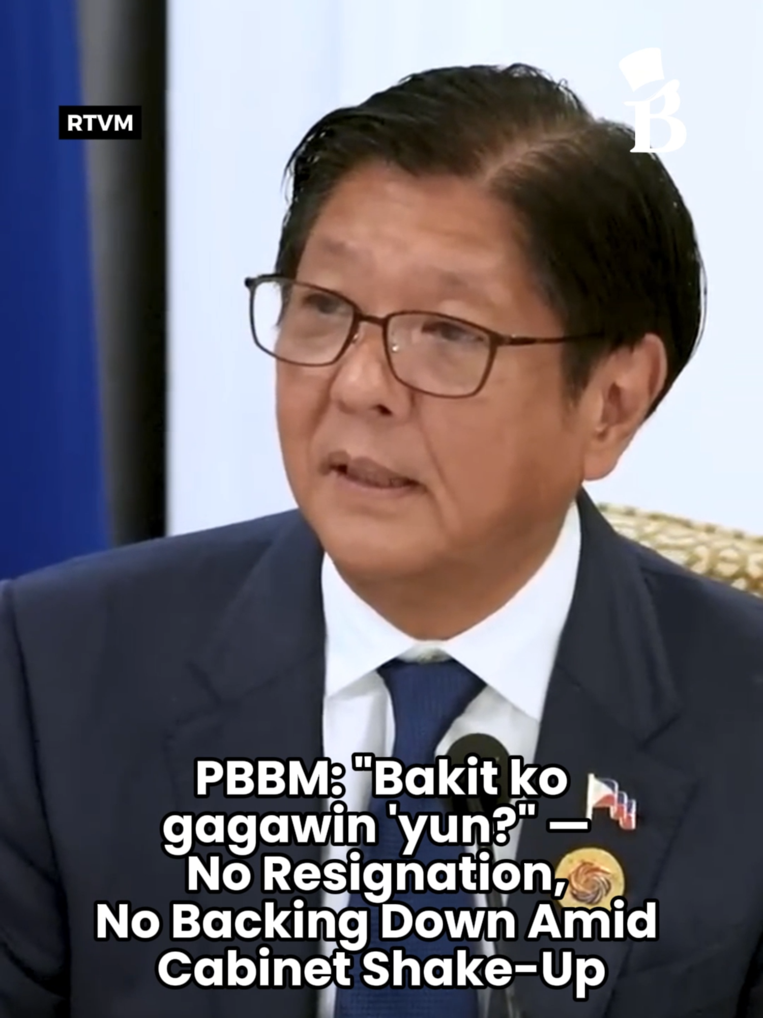 'WALA SA UGALI KO YUNG TINATAKBUHAN ANG PROBLEMA' WATCH: President Bongbong Marcos shuts down resignation calls, saying he won’t walk away from challenges. “Wala sa ugali ko ‘yung tinatakbuhan ang problema,” he said, following criticisms from Duterte allies. The President emphasized that recent Cabinet changes are part of serious governance reforms — not for optics. 🎥 RTVM #phnews #newsph #latestnews #news #marcos #pbbm #bnc #bilyonaryonewschannel #fypツ #fyp