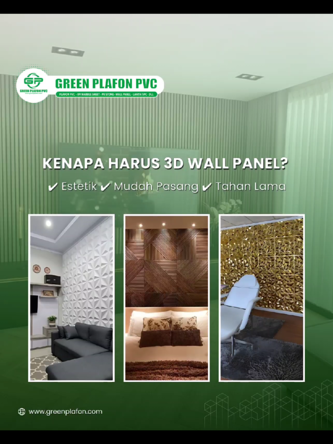 Kenapa Harus 3D Wall Panel? ✔ Estetik ✔ Mudah Pasang ✔ Tahan Lama #greenplafonpvc #plafonpvc #interiordesign #premiumquality #interior #pabrikpvc #3dwallpanels #dinding 