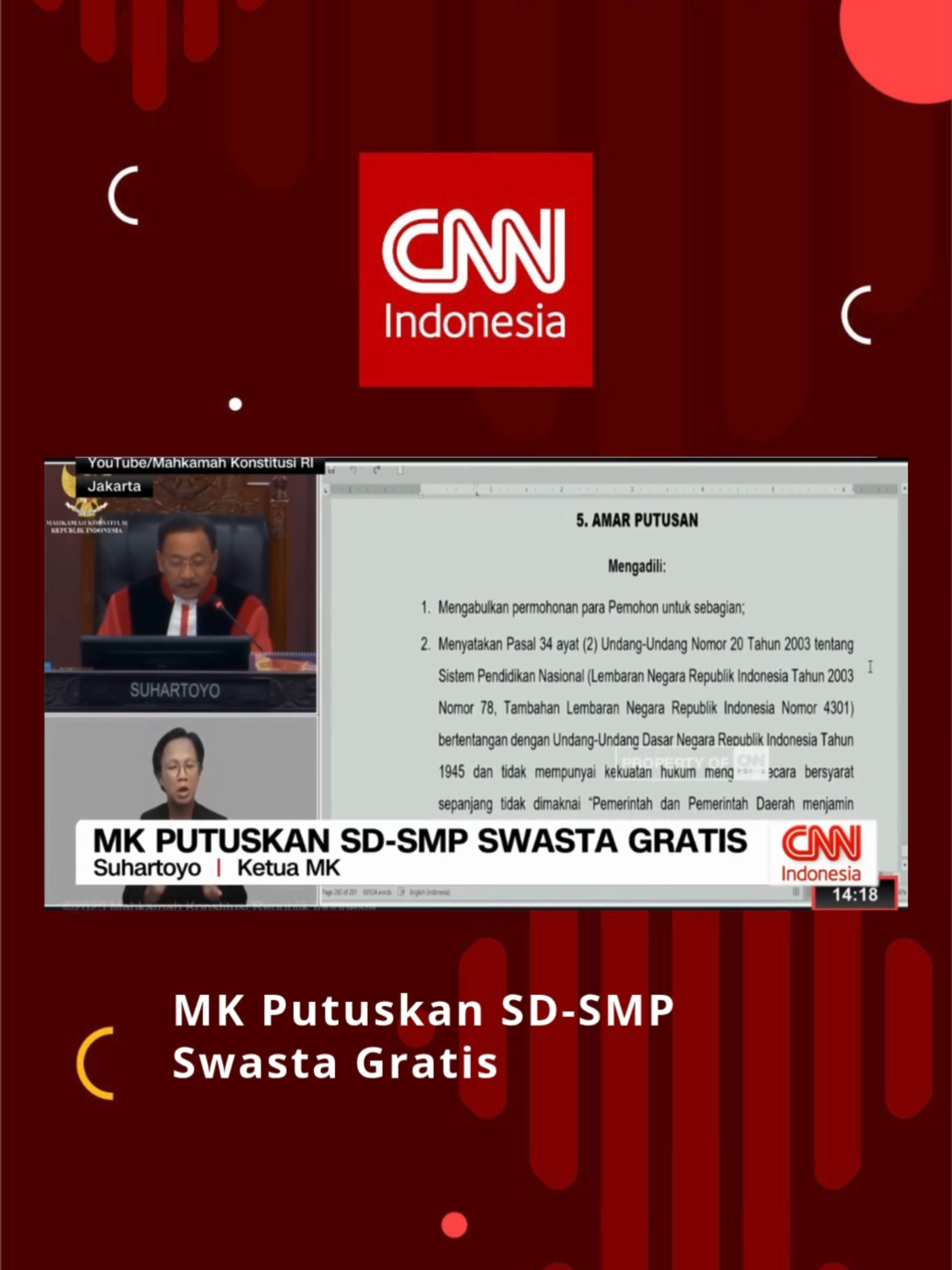 Mahkamah Konstitusi (MK) mengabulkan gugatan uji materi Undang-Undang Nomor 20 Tahun 2003 tentang Sistem Pendidikan Nasional. MK memerintahkan pemerintah menggratiskan pendidikan wajib belajar sembilan tahun di sekolah swasta. #SekolahGratis