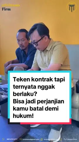 Teken kontrak tapi ternyata nggak berlaku? Bisa jadi perjanjian kamu batal demi hukum! 😱 Pasal 1320 Kitab Undang-Undang Hukum Perdata (KUHPerdata) mengatur 4 syarat sahnya perjanjian, yakni : 1️⃣ Sepakat mereka yang mengikatkan diri 2️⃣ Cakap untuk membuat perikatan 3️⃣ Suatu hal tertentu 4️⃣ Suatu sebab yang halal 🤝 Trivittama Firm siap membantu kamu memahami hak, kewajiban, dan langkah hukum yang dapat ditempuh. 📲 Follow @trivittamafirm dan pantau terus konten edukasi hukum yang simpel, terpercaya, dan relevan dengan kehidupan sehari-hari! #hukumuntuksemua #edukasihukum #perjanjianhukum #kontraksah #bataldemihukum #trivittamafirm #legaltips #hukumperdata #kontrakgagal #legalawareness #hukummudah #pahamhukum #kuhperdata #advokatmuda #advokatsemarang #pengacarasemarang #fyp #au