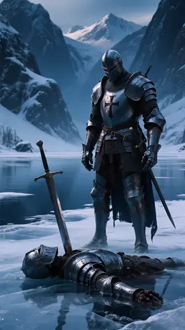 The Frozen Oath. On a frozen lake, a templar gazes at a warrior. A vow unspoken, sealed in eternal frost. #medievalart #fantasyart #darkfantasy #medieval #fantasy #templar #knight #honor #brave #AIArt #fyp