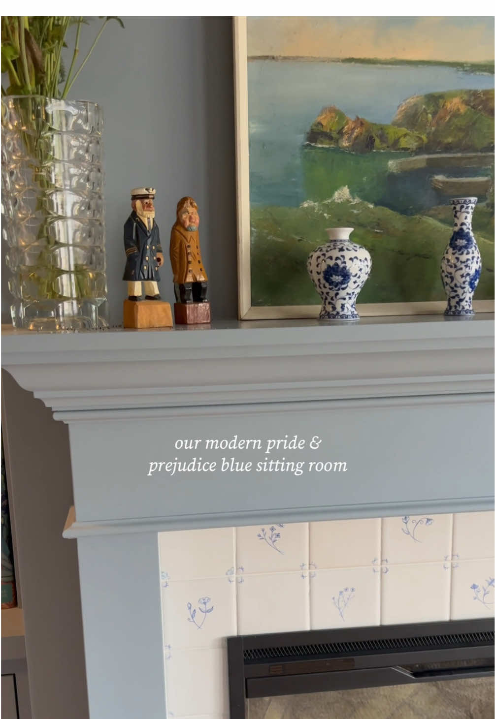 Someone told me this room reminded them of a modern take on the blue sitting room from pride and prejudice and that has to be my most favorite compliment ever!! This room was such a labor of love and every detail of it makes me so happy🩵 #janeaustentiktok #prideandprejudice #cottagecore #regencyera #vintagestyle #interiordesign #homelibrary #homeoffice #homerenovation 