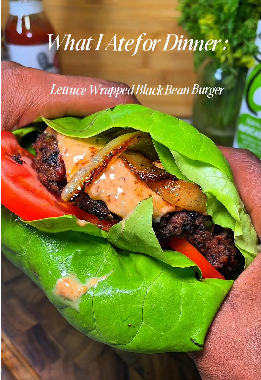 Lettuce wrapped black bean burger 🔥😋 Spicy, smoky, and SO GOOD!!  Black Bean Burger Ingredients 2 cans of black beans @Goya Foods  1 green bell pepper 1 portobello mushroom Half a shallot Half a jalapeño About a quarter cup of chopped sun-dried tomatoes @California Sun Dry Foods  Gluten-free flour Gluten-free breadcrumbs Garlic powder Onion powder Smoked paprika Ancho chili powder Coriander Cayenne pepper Salt Black pepper Shawarma seasoning mix  Sauce Ingredients  Vegan mayo @Follow Your Heart  Sugar-free ketchup @G Hughes Sugar Free  Garlic powder Onion powder Smoked paprika Sweet relish Sweet chili sauce Red pepper flakes Cayenne pepper #veganburger #blackbeanburger #lettucewrap #lowcarbrecipes 