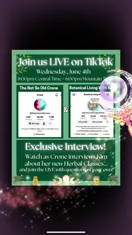@Crone and I are going LIVE on Wednesday, June 4th to talk about herbs and more!  Please join us for an hour of fun discussions and herbal chit chat.  Mark your calendars for June 4th and tune in at 8pm Central time/6pm MST.  🌿 #live #duet #herbalism #plants #learnherbs #communityherbalist #folkwitch #greenwitch #womenempowerment #genx #herbalist #goinglive 
