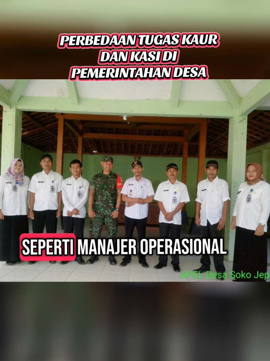 KAUR (Kepala Urusan) dan KASI (Kepala Seksi) adalah dua posisi yang berbeda dalam struktur pemerintahan desa di Indonesia. Berikut adalah perbedaan utama antara tugas Kaur dan Kasi: *Kaur (Kepala Urusan)*: 1. *Tugas administratif*: Kaur biasanya bertanggung jawab atas urusan-urusan administratif di desa, seperti keuangan, umum, dan kepegawaian. 2. *Mengelola keuangan desa*: Kaur keuangan bertanggung jawab atas pengelolaan keuangan desa, termasuk pengelolaan anggaran, pembukuan, dan pelaporan keuangan. 3. *Mengelola administrasi desa*: Kaur umum bertanggung jawab atas pengelolaan administrasi desa, termasuk pengelolaan dokumen, arsip, dan surat-menyurat. *Kasi (Kepala Seksi)*: 1. *Tugas teknis*: Kasi biasanya bertanggung jawab atas tugas-tugas teknis di desa, seperti pembangunan, ekonomi, dan sosial. 2. *Mengelola program pembangunan*: Kasi pembangunan bertanggung jawab atas pengelolaan program pembangunan desa, termasuk perencanaan, pelaksanaan, dan evaluasi. 3. *Mengelola kegiatan ekonomi dan sosial*: Kasi ekonomi dan sosial bertanggung jawab atas pengelolaan kegiatan ekonomi dan sosial di desa, termasuk pengembangan ekonomi lokal dan kegiatan sosial. Dalam struktur pemerintahan desa, Kaur dan Kasi biasanya bertanggung jawab kepada Kepala Desa atau Sekretaris Desa. Keduanya memiliki peran penting dalam menjalankan pemerintahan desa dan meningkatkan kesejahteraan masyarakat desa.  #suksesbersamahurra  #desa  #pedesaan  #fypシ 