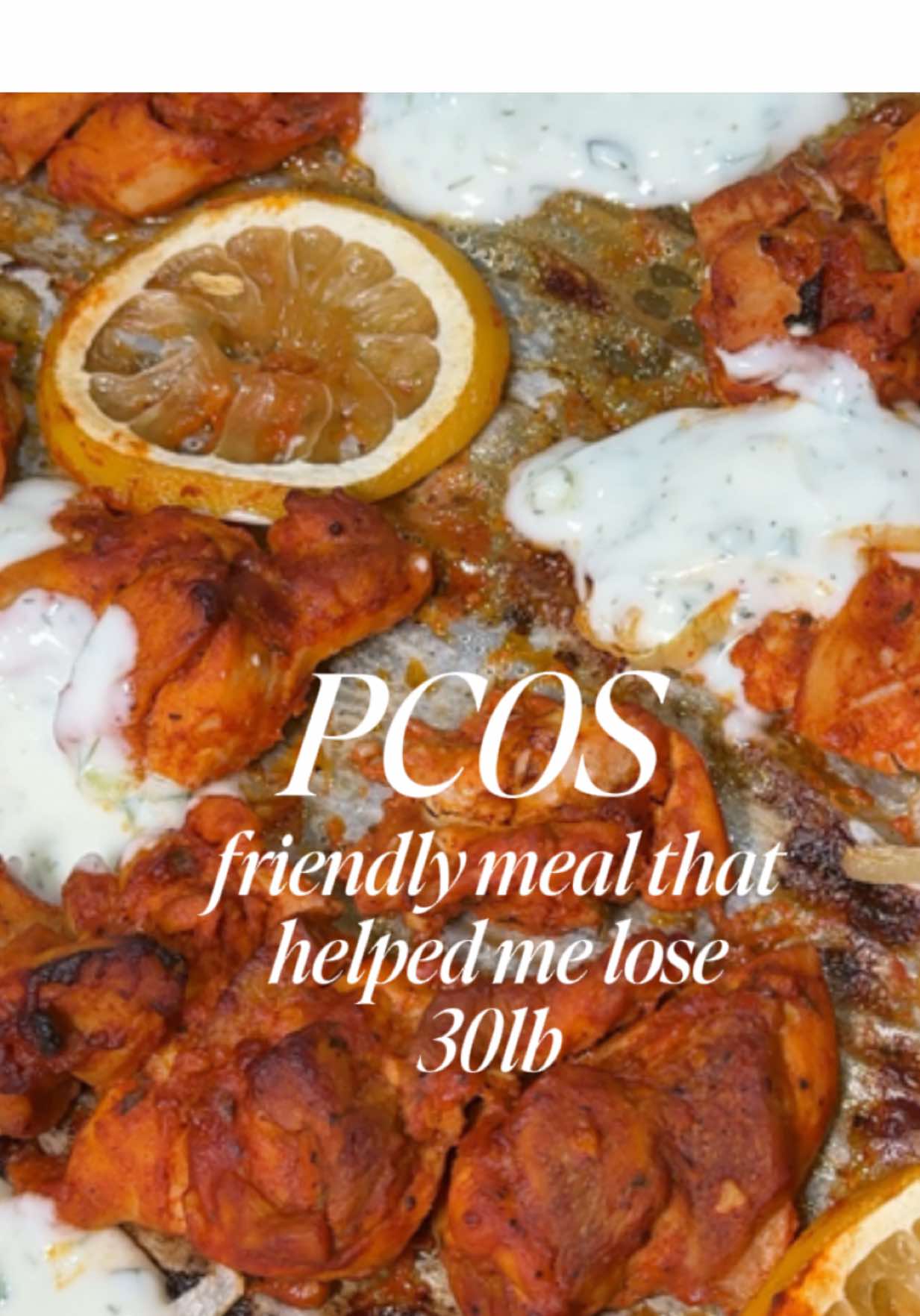 this chicken shawarma is phenomenal 🤌🏼 and really anti-inflammatory/PCOS friendly 💓 RECIPE:  1lb of boneless, skinless chicken thighs into strips or bite-sized chunks and place them in a large bowl. Add the following: 	•	½ tablespoon olive oil 	•	3 tablespoons plain Greek yogurt 	•	2 tablespoons tomato paste 	•	Juice of half a large lemon 	•	4 garlic cloves, minced 	•	1 teaspoon dried thyme or oregano 	•	1 tablespoon paprika 	•	⅓ teaspoon ground cinnamon 	•	1 teaspoon ground cumin 	•	Salt and pepper, to taste Preheat oven to 400F. Line a baking tray with parchment paper and add the chicken to the tray, dont overcrowd the tray. Then cut some onions and toss around the chicken on the tray! Leave the chicken in there for 38 minutes.  Dill Yogurt Sauce:  * Greek yogurt, plain and nonfat * Finely chop 1 Persian cucumber  * Finely chop 3tbsp of dill * Juice of the other half of your lemon * Salt and pepper to taste!