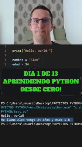 Empieza a programar en Python desde CERO – Día 1 de 13 🚀 Hoy comenzamos una serie de 13 videos para que aprendas #Python desde cero. En este primer día verás cómo imprimir tu primer mensaje con print() y qué son las #variables en #programacion. Todo explicado paso a paso mientras picamos el código juntos. 👉 Mañana: operadores aritméticos, comparativos y lógicos. Guarda este video si estás empezando 💻 #aprenderprogramacion#AprenderPython #codigo#HelloWorld #Variables #Python