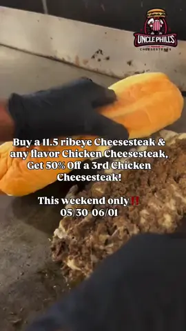Gather your friends This weekend 05/30-06/01 ! Purchase an 11.5” Beef Cheesesteak for $15.99and any flavored Chicken Cheesesteak for $14.99. Get a third Chicken Cheesesteak at half price! A feast fit for a crowd! MUST SHOW THIS POST TO REDEEM DEAL.#UnclePhills #FoodieApproved #atlantafoodie #atlantaresturants #atlantafoodreview 