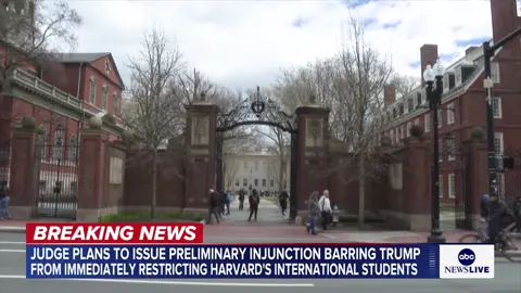 BREAKING: A federal judge plans to issue a preliminary injunction that would stop Pres. Trump's administration from revoking Harvard's ability to enroll international students. ABC News' Selina Wang reports.
