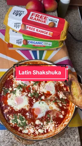 Latin-inspired shakshuka con chorizo, queso fresco & that orange @Happy Egg yolk that brings it all together! One pan. BIG flavor #HappyEggPartner Ingredients 5 oz. ground Spanish chorizo 2 tbsp. olive oil ½ red bell pepper, dicednd 1 small yellow onion, diced 4 garlic cloves, finely minced 1 tsp. smoked paprika 1 tsp. ground cumin ½ tsp. dried oregano 28 oz. canned crushed San Marzano tomatoes Salt and freshly ground black pepper, to taste 4-6 eggs from Happy Egg ½ cup crumbled queso fresco Fresh chopped cilantro, for garnish Instructions Preheat the oven to 350F.  Heat a large skillet or cast-iron pan over medium heat. Add the ground chorizo and cook for 4-5 minutes, breaking it up as it renders its fat and crisps around the edges. Once browned, use a slotted spoon to transfer the chorizo to a small bowl, leaving the rendered fat in the pan. Add the olive oil to the pan, followed by the diced onion, red bell pepper, and minced garlic. Sauté for 5-7 minutes, or until the vegetables are softened and the onions are translucent. Sprinkle in the smoked paprika, ground cumin, and dried oregano, and sauté for another 1-2 minutes to bloom the spices. Season with salt and freshly ground black pepper. Pour in the crushed San Marzano tomatoes, return the chorizo to the pan, and stir well to combine. Reduce the heat to medium-low and let the sauce simmer for 10-15 minutes, or until it thickens and the flavors meld. Use a spoon to create small wells in the sauce, then crack the Happy Egg directly into the wells. Place the pan in the oven for a few minutes, or until the whites are set but the yolks are still runny. Remove from heat and sprinkle with crumbled queso fresco and fresh chopped cilantro. Serve immediately with crusty bread for dipping.