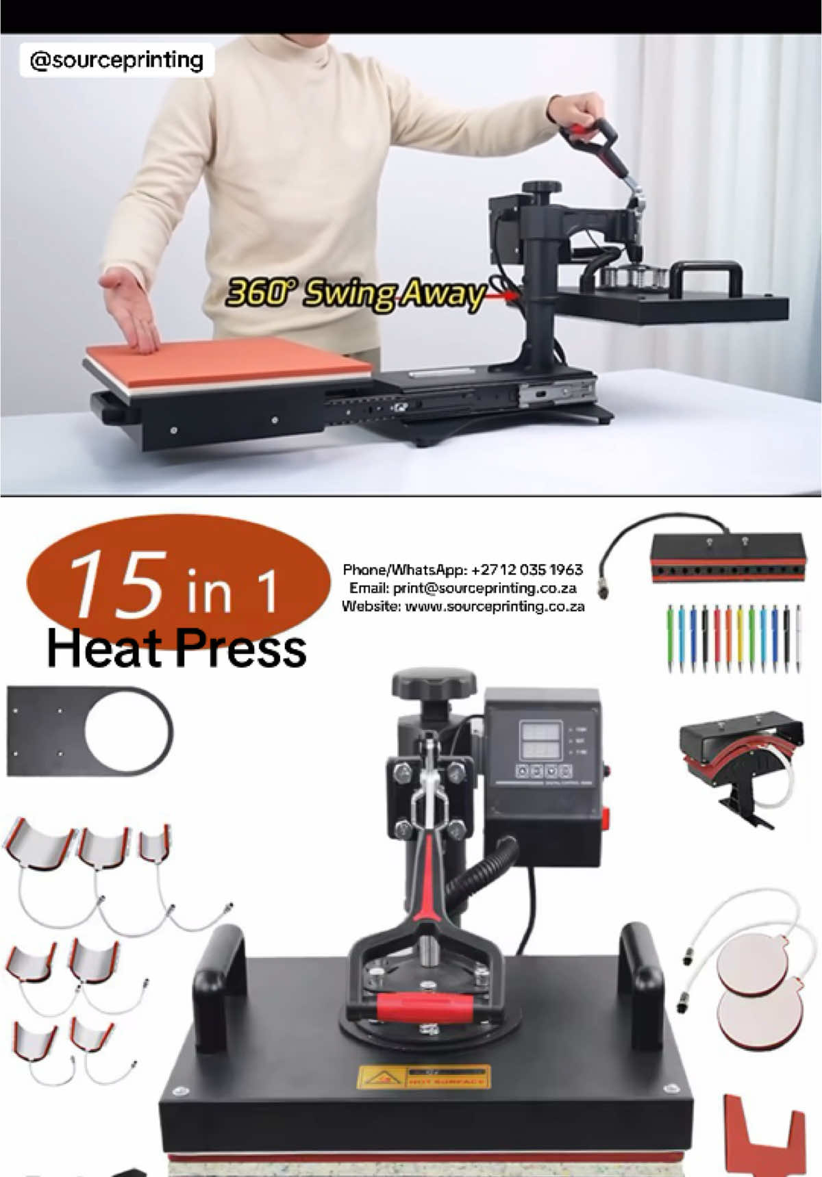 🔥The only heat press set you will ever  need. 15 in 1 heat press, the perfect addition to you sublimation, DTF and HTV Vinyl 👏 Deals You Can’t Miss: • Heat Press Only – R4,999 • Portable 5-in-1 Combo – R5,999 • 8-in-1 Combo – R10,294 • 10-in-1 Combo – R13,750 • 15-in-1 SPECIAL – R13,999 Contact Us: Phone/WhatsApp: +27 12 035 1963 Email: print@sourceprinting.co.za Website: www.sourceprinting.co.za