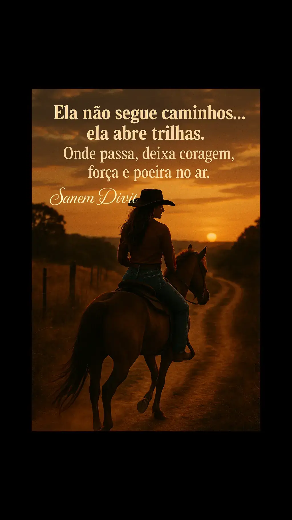 #SanemDivit #FraseDoDia #SertanejoComEstilo #AlmaForte #CowgirlModerna #ForçaFeminina #OrgulhoDoSertão #Rústico #