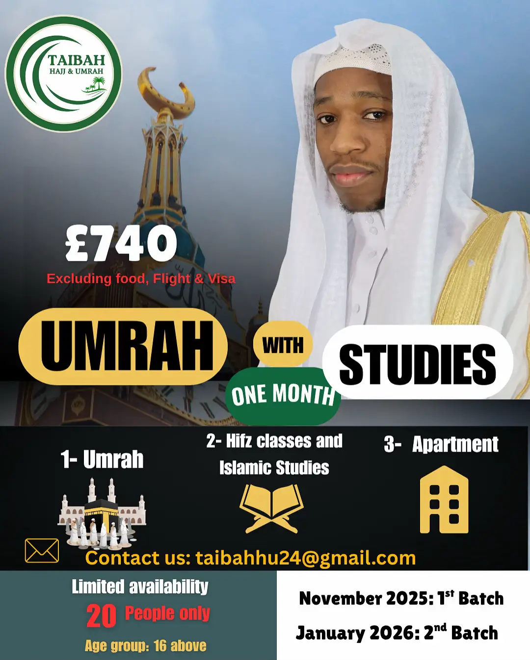 This isn’t just another Umrah trip, this is a transformational spiritual journey that will uplift your soul and enrich your mind! While most companies simply take you to Umrah and book luxury hotels, 𝘄𝗲 𝗼𝗳𝗳𝗲𝗿 𝘀𝗼𝗺𝗲𝘁𝗵𝗶𝗻𝗴 𝘁𝗿𝘂𝗹𝘆 𝘀𝗽𝗲𝗰𝗶𝗮𝗹: 🕋 𝗨𝗺𝗿𝗮𝗵 𝘄𝗶𝘁𝗵 𝗣𝘂𝗿𝗽𝗼𝘀𝗲. 𝗨𝗺𝗿𝗮𝗵 𝘄𝗶𝘁𝗵 𝗞𝗻𝗼𝘄𝗹𝗲𝗱𝗴𝗲. 𝗨𝗺𝗿𝗮𝗵 𝘄𝗶𝘁𝗵 𝗠𝗲𝗮𝗻𝗶𝗻𝗴. Join us for a 𝘂𝗻𝗶𝗾𝘂𝗲 𝗼𝗻𝗲-𝗺𝗼𝗻𝘁𝗵 𝗨𝗺𝗿𝗮𝗵 𝗲𝘅𝗽𝗲𝗿𝗶𝗲𝗻𝗰𝗲, where after performing Umrah, you’ll remain in the sacred city of Madinah to study and grow under the guidance of experienced scholars. 𝗛𝗲𝗿𝗲’𝘀 𝘄𝗵𝗮𝘁 𝗺𝗮𝗸𝗲𝘀 𝗼𝘂𝗿 𝗷𝗼𝘂𝗿𝗻𝗲𝘆 𝗹𝗶𝗳𝗲-𝗰𝗵𝗮𝗻𝗴𝗶𝗻𝗴: 1️⃣ 𝗤𝘂𝗿’𝗮𝗻 𝘄𝗶𝘁𝗵 𝗧𝗮𝗷𝘄𝗲𝗲𝗱. Choose between Hifz or Tarteel. You’ll study the Book of Allah with proper recitation and reflection. And yes, I will personally be teaching Qur’an, InshaAllah. 2️⃣ 𝗦𝗲𝗲𝗿𝗮𝗵 𝗼𝗳 𝘁𝗵𝗲 𝗣𝗿𝗼𝗽𝗵𝗲𝘁 ﷺ, 𝗟𝗶𝘃𝗲 𝗮𝗻𝗱 𝗟𝗲𝗮𝗿𝗻 𝗪𝗲 𝗯𝗿𝗶𝗻𝗴 𝘁𝗵𝗲 𝗦𝗲𝗲𝗿𝗮𝗵 𝘁𝗼 𝗹𝗶𝗳𝗲, literally. Rather than just reading from books, you’ll visit the actual places where history unfolded. As the saying goes, “Seeing is believing.” Each lesson is delivered on-site, giving you the feeling of being part of the story. 3️⃣ 𝗔𝗿𝗮𝗯𝗶𝗰 𝗟𝗮𝗻𝗴𝘂𝗮𝗴𝗲 𝗶𝗻 𝘁𝗵𝗲 𝗖𝗶𝘁𝘆 𝗼𝗳 𝘁𝗵𝗲 𝗣𝗿𝗼𝗽𝗵𝗲𝘁 ﷺ What better place to learn Arabic than in Madinah itself? Our qualified teachers will guide you through the basics, helping you understand key vocabulary from the Qur’an and laying a foundation for lifelong learning. ___________________ Spots Are Extremely Limited. Only 20 Participants Per Trip! First Trip: November 2025 Second Trip: January 2026 This is your chance to deepen your connection with Allah, His Messenger ﷺ, and His Book, all in the holiest of cities, with like-minded seekers of knowledge. Reserve your spot today! Email us now: taibahhu24@gmail.com Don’t miss this opportunity. The door to transformation is open, will you walk through it?